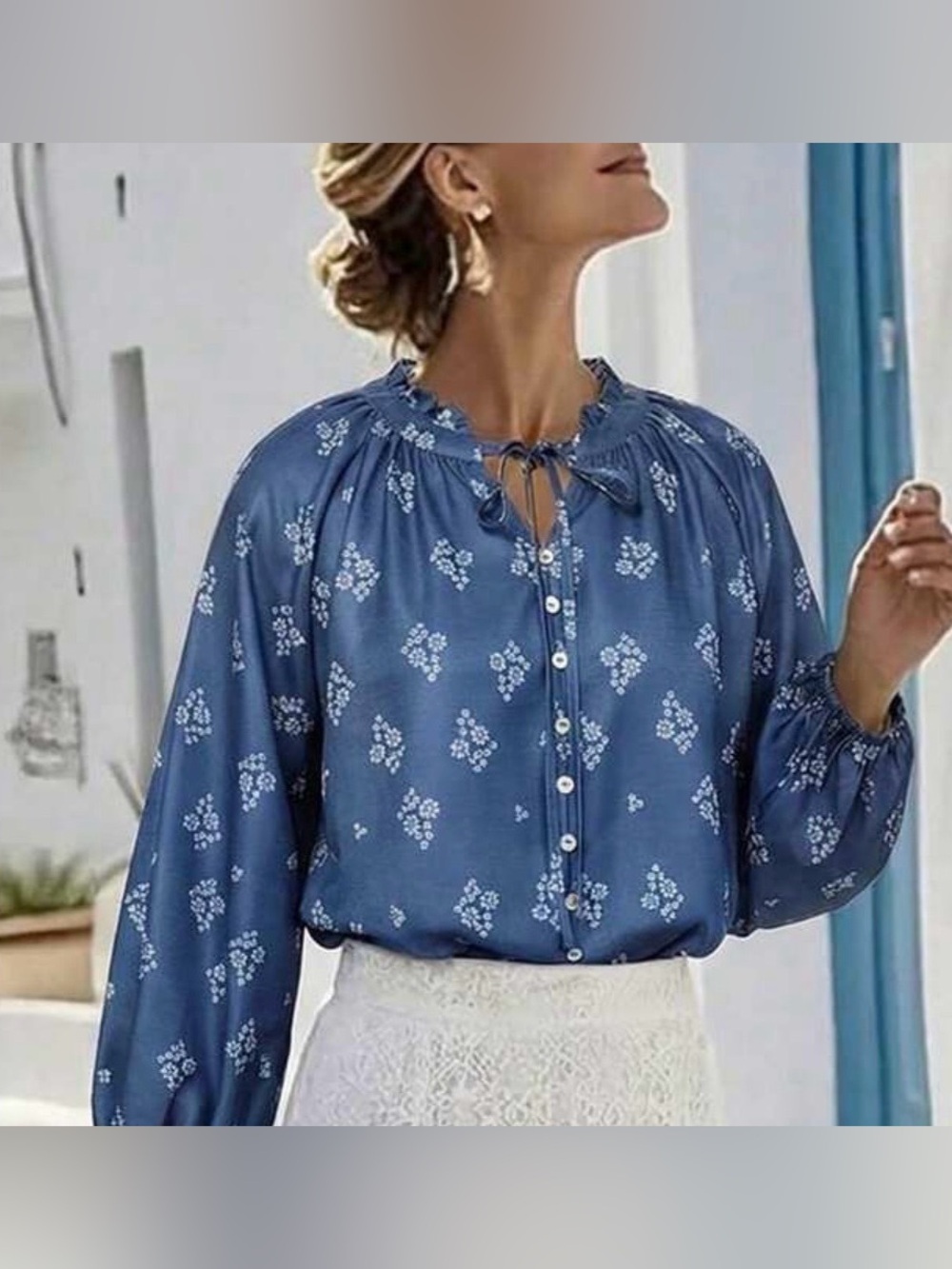 Women’s Blue Printed Button-Front Peasant Blouse size is more L/XL